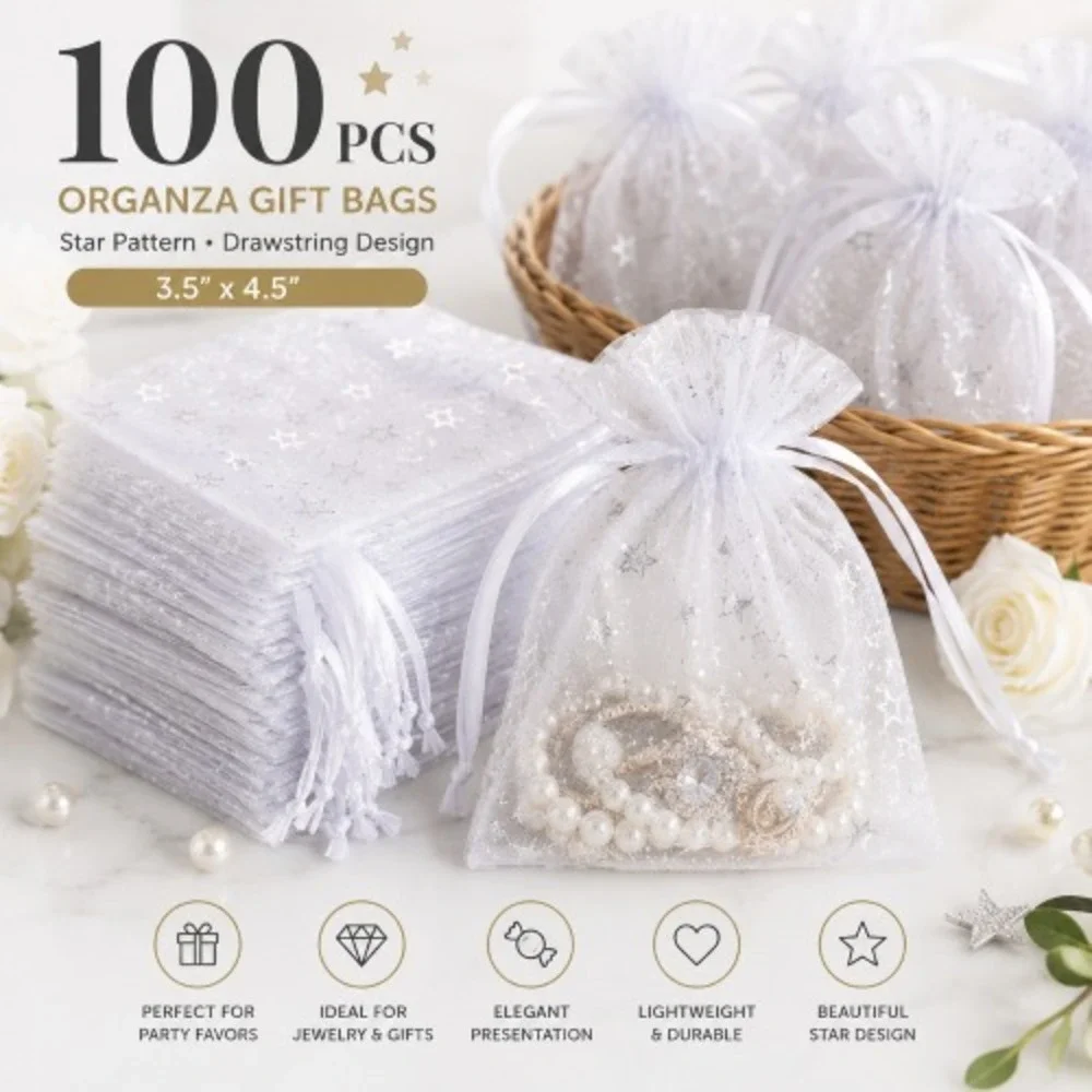 100 White Organza Star Drawstring Gift Bags 3.5